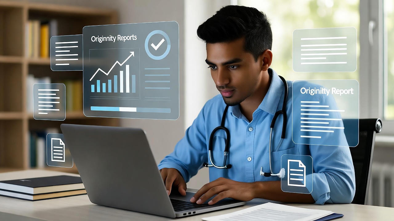 A young professional with a stethoscope around his neck working on a laptop, surrounded by floating digital screens displaying charts, bar graphs, and originality reports. The setting appears to be an office or study room, symbolizing data analysis, report verification, and research accuracy in a medical or academic environment.